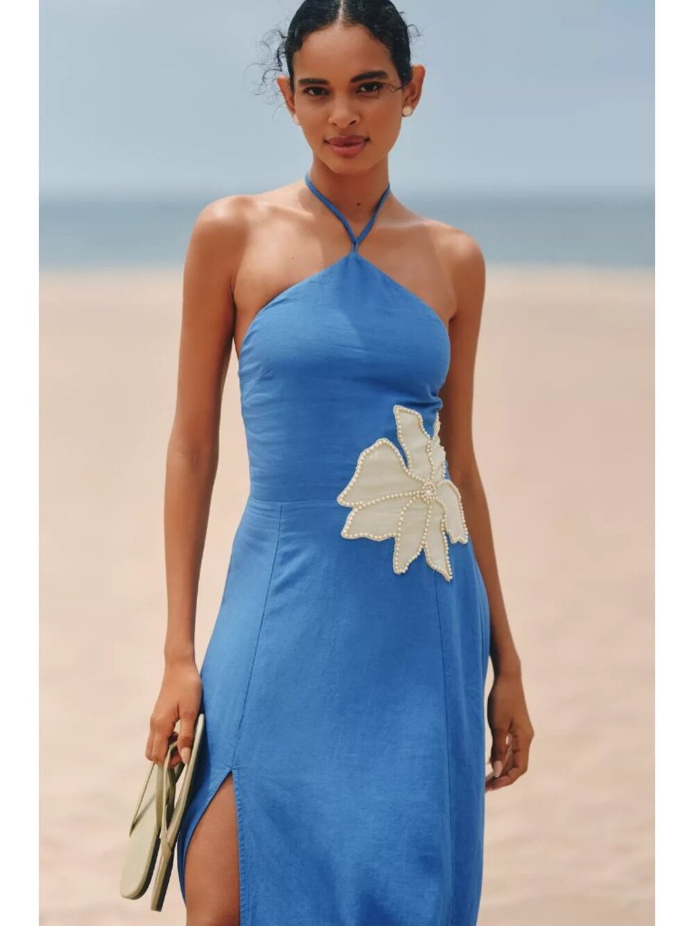 Anthropologie Celandine Linen Halter Side-Slit Maxi Dress Blue Beaded XL - Picture 2 of 5